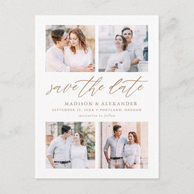 Postal De Anuncios Elegant Gold Script 4 Foto Collage Save The Date (Anverso)