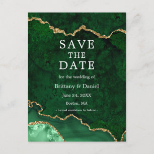 Postal De Anuncios Elegant Green Gold Marble Geode Save The Date