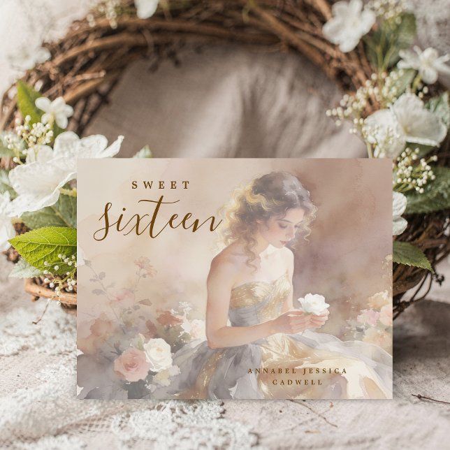 Postal De Anuncios Elegant & Lovely Floral Sweet Sixteen Birthday  (Delicate Pastel Watercolor Young Woman in Golden and Gray Strapless Dress Design.)