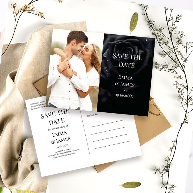 Postal De Anuncios Elegant Midnight Rose Wedding Photo Save the Date (Subido por el creador)