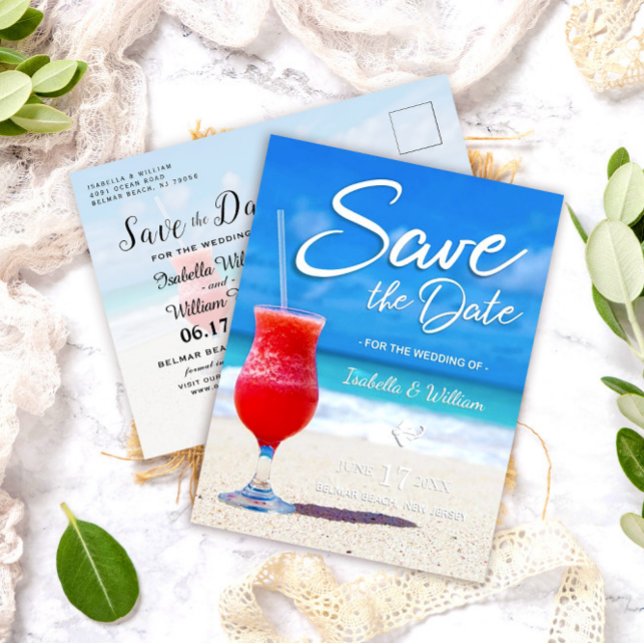 Postal De Anuncios Elegant Ocean Beach Summer Drink Save the Date (Subido por el creador)