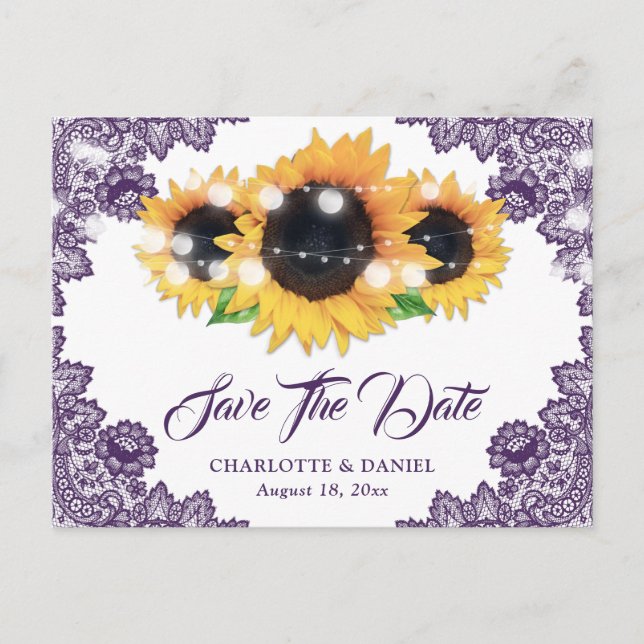 Postal De Anuncios Elegant Purple Floral Lace Sunflower Wedding (Anverso)
