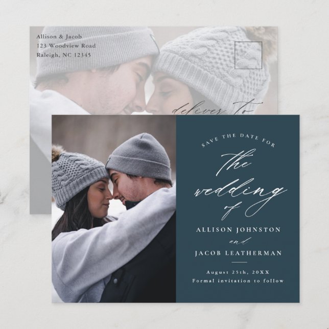 Postal De Anuncios Elegant Script 2 Foto Boda Guardar la Fecha (Anverso / Reverso)