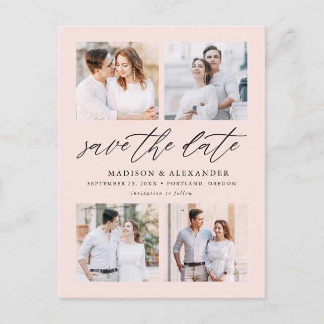 Postal De Anuncios Elegant Script Blush 4 Foto Collage Save The Date (Anverso)