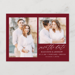 Postal De Anuncios Elegant Script Burdeos 2 Foto Guardar la Fecha