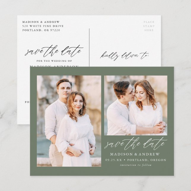 Postal De Anuncios Elegant Script Verde Sage 2 Fotos Save the Date (Anverso / Reverso)