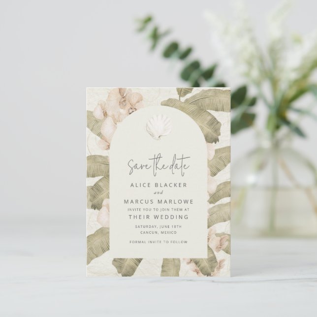 Postal De Anuncios Elegant Tropical Beach Wedding Save the Date (Anverso de pie)