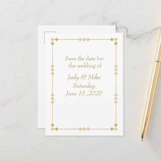 Postal De Anuncios Elegant White & Gold Art Deco Save the date card (Anverso/Reverso In Situ)