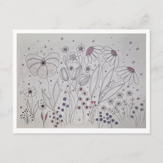 Postal De Anuncios Elegant Wildflower Meadow Line Art (Anverso)