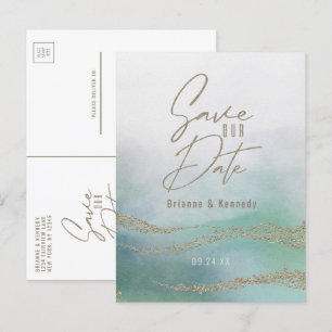 Postal De Anuncios Elegante Acuarela Aqua Océano y Dorado Salva la Fe