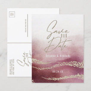 Postal De Anuncios Elegante Acuarela Burgundy y Dorado Salva la Fecha