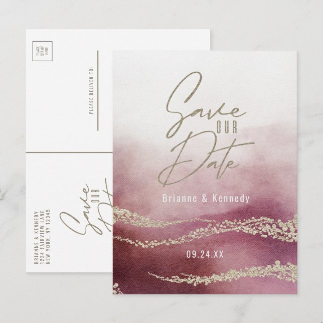 Postal De Anuncios Elegante Acuarela Burgundy y Dorado Salva la Fecha (Anverso / Reverso)