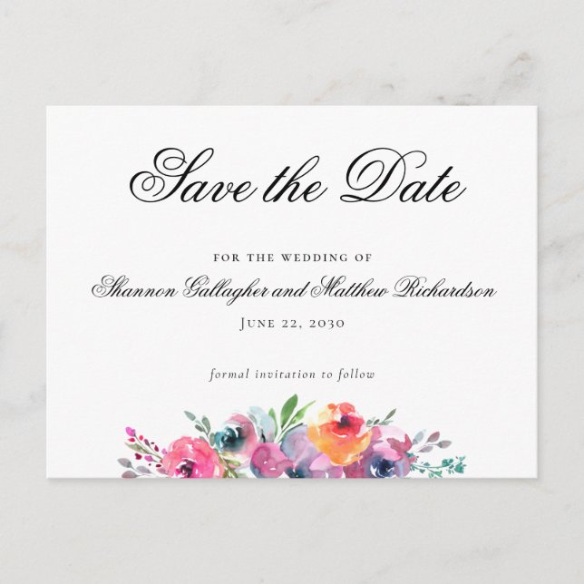 Postal De Anuncios Elegante acuarela Floral Wedding Save the Date (Anverso)