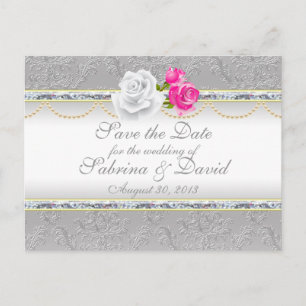 Postal De Anuncios Elegante adamascado plateado y rosa rosado Salven