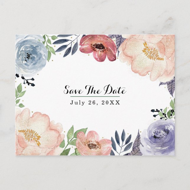 Postal De Anuncios Elegante aguaflor moderna Save the Date (Anverso)