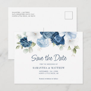 Postal De Anuncios Elegante Ahorra la Fecha Floral Polvoriento Azul