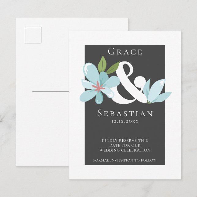 Postal De Anuncios Elegante Ampersand Floral Boda Guardar La Fecha (Anverso / Reverso)