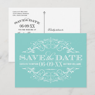 Postal De Anuncios Elegante Aqua Blue Flourish Wedding Salven la fech