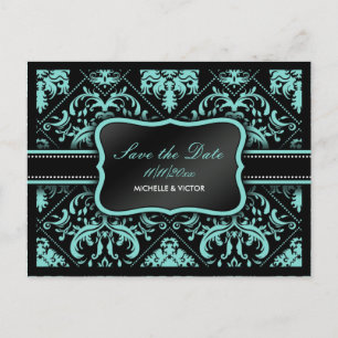 Postal De Anuncios Elegante azul acua y negro Save the Date de damasc
