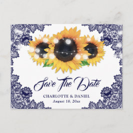Postal De Anuncios Elegante azul marino floral encaje girasol