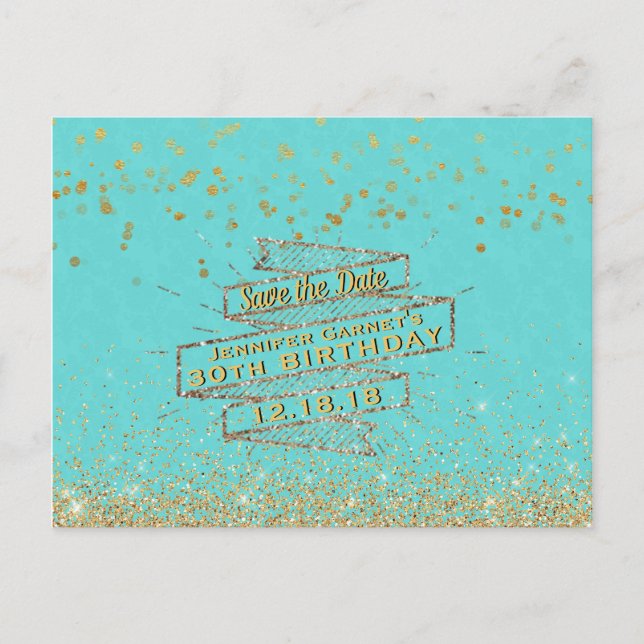 Postal De Anuncios Elegante Azul Oro Cumpleaños 30 Guardar la Fecha (Anverso)