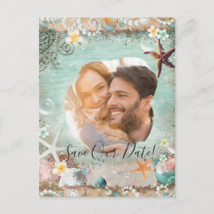 Postal De Anuncios Elegante Beach Sea Starfish Pearls Save Date Photo