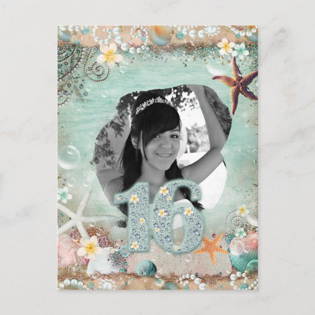 Postal De Anuncios Elegante Beach Sea Starfish Perlas 16 cumpleaños (Anverso)