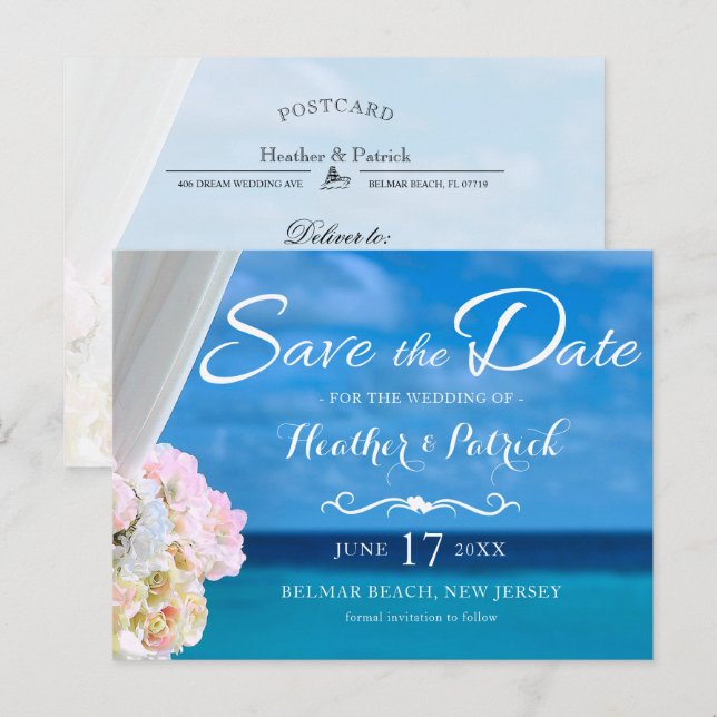 Postal De Anuncios Elegante Blue Ocean Beach Summer Save the Date (Anverso / Reverso)