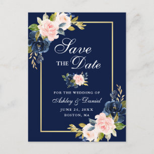 Postal De Anuncios Elegante Blue Pink Rubor Floral Gold Save the Date