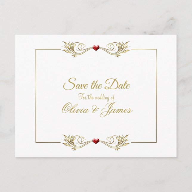 Postal De Anuncios Elegante Boda con marco dorado Guardar la fecha (Anverso)