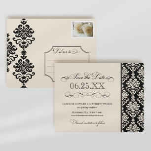 Postal De Anuncios Elegante Boda de Damasco de Marfil Negro con Roleo