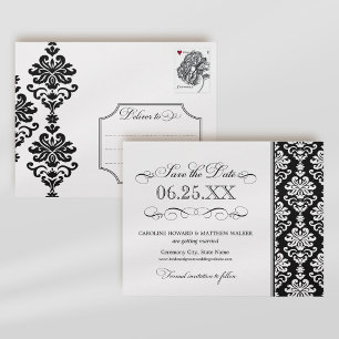 Postal De Anuncios Elegante Boda de Damasco Negro Blanco con Trabajo 