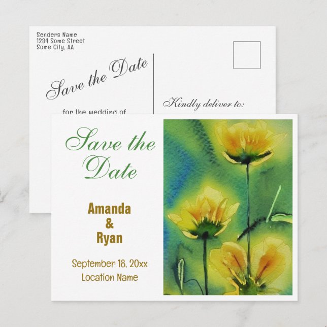 Postal De Anuncios Elegante boda de flores amarillas salva la fecha (Anverso / Reverso)