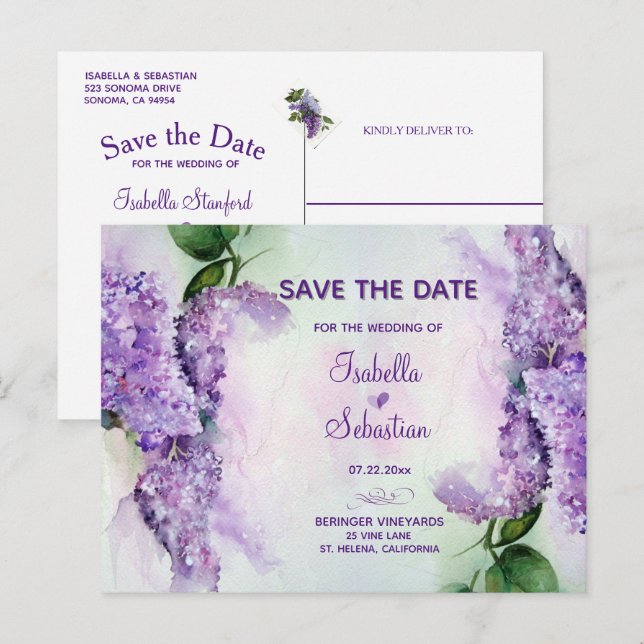 Postal De Anuncios Elegante Boda De Flores Lilac Salva La Fecha (Anverso / Reverso)