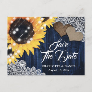 Postal De Anuncios Elegante boda de girasoles de madera azul marino