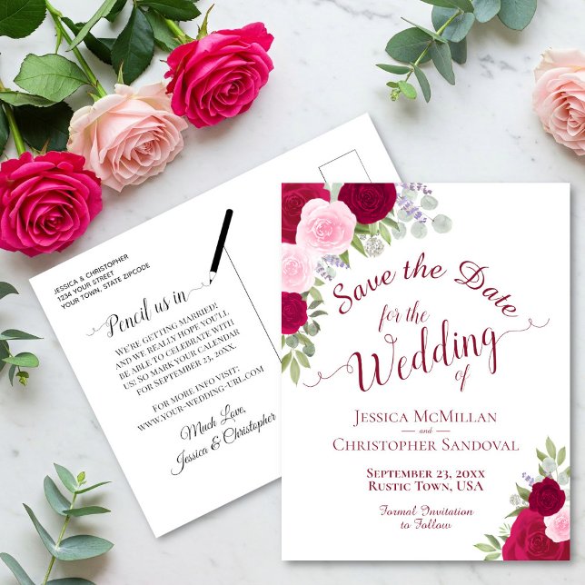 Postal De Anuncios Elegante boda de magenta y rosas rosas rosas salva (Front/Back)