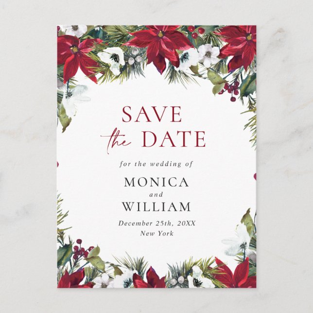 Postal De Anuncios Elegante Boda de Pino de la Poinsettia Roja Salva  (Anverso)