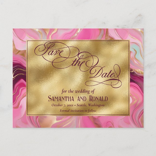 Postal De Anuncios Elegante Boda Faux Gold y Pink Marble (Anverso)