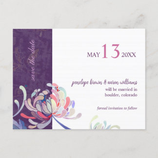 Postal De Anuncios Elegante boda floral púrpura salva la fecha