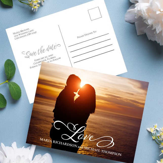 Postal De Anuncios Elegante Boda Foto de Fecha de Guardado (Wedding save the date postcard template with "love" script typography. )