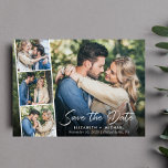 Postal De Anuncios Elegante boda fotográfica manuscrita blanca salva<br><div class="desc">Moda guardar la postal de fecha de anuncio que muestra su foto de compromiso con una tira de tres fotos cuadradas más pequeñas y "Save the Date" en un guión blanco elegante. Añada sus nombres, fecha de boda y ubicación en una tipografía blanca moderna y sencilla. En el reverso, personalice...</div>