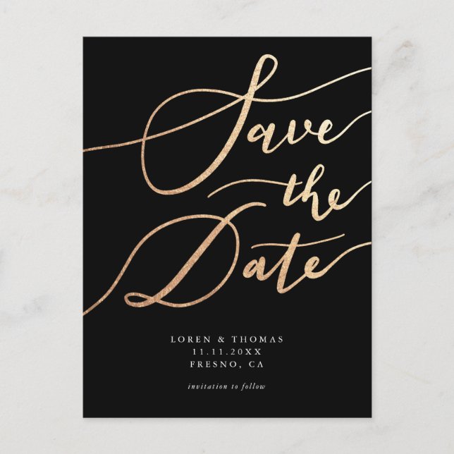 Postal De Anuncios Elegante Boda Gold Black Script Guarda La Fecha (Anverso)