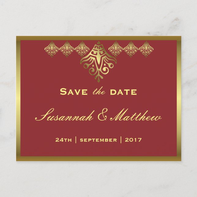 Postal De Anuncios Elegante Boda rojo y oro (Anverso)