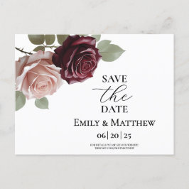 Postal De Anuncios Elegante Boda Rosa Borgoña Salva La Fecha