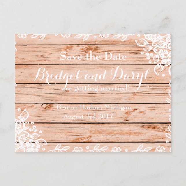 Postal De Anuncios Elegante Boda Rústico Lace y Wood Save-the Date (Anverso)