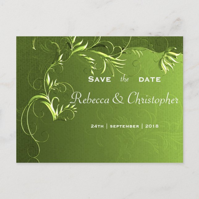 Postal De Anuncios Elegante Boda Verde Ahorra la Fecha (Anverso)