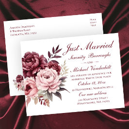 Postal De Anuncios Elegante Borgoña floral recién casado Boda