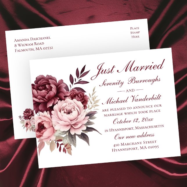 Postal De Anuncios Elegante Borgoña floral recién casado Boda (Subido por el creador)