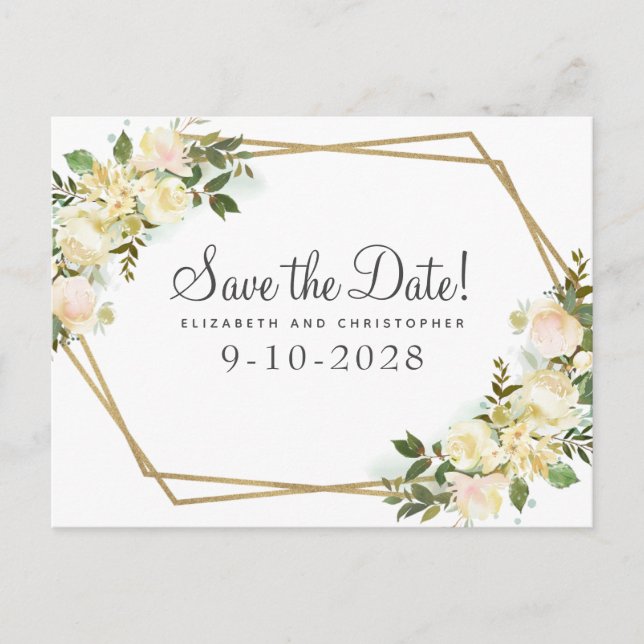 Postal De Anuncios Elegante Botánica Verde Dorado Rosa Chic Blanco (Anverso)