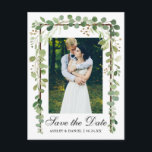 Postal De Anuncios Elegante Botánico Verde Foto Guardar Fecha<br><div class="desc">Moderno Elegante,  Verde Botánico Hojas de Eucalipto,  Marco de Madera,  Tarjeta Postal de Compromiso Foto Guardar Fecha</div>